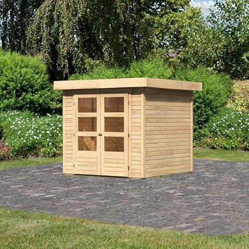 Karibu Askola 2 | Abri de Jardin Bois Massif 4,62m² | Double Porte Vitrée, Toiture en Bois avec Feutre Bitumé | Dimensions 213x217cm - Naturel