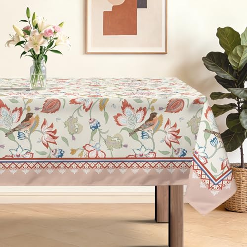 hometrixx Tischdecke Frühling Sommer Blumen Garten Vögel 140x180cm Rose | Tischdecken Abwaschbar,Fleckabweisend,Pflegeleicht,Polyester Tischtuch Rechteckig,für Party Picknick Abendessen Küche Dekor
