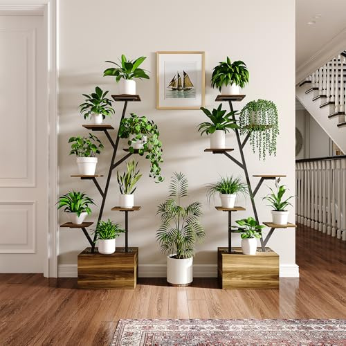 Henunem Support Plantes Intérieur avec Lampe de Croissance, Lot de 2, Étagère Porte Plantes 12 Niveaux Métal, 140 cm de Haut pour Plante D'intérieur, Grande étagère plantes, support d'angle