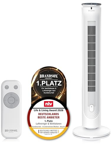 Brandson - Turmventilator mit Aromafach - Sleep Modus - sehr leise - Sieger Ventilatoren und Luftkühler 2026 - Fernbedienung – Oszillation - Timer – 4 Modi – 5 Geschwindigkeiten – LED Anzeige - weiß