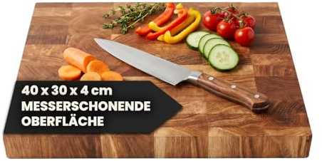 Premium Stirnholz Schneidebrett Eiche massiv und stabil 40 x 30 x 4 cm | 40 x 30 x 4 cm, Messerschonend, Robuste Stirnholzfläche, Rutschfest durch hohes Gewicht, Langlebig Massivholz