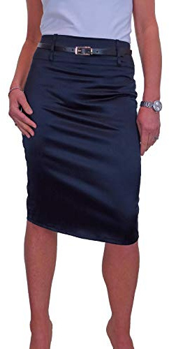 icecoolfashion Femmes Jupe en Satin Extensible sous Le Genou Moulante Jupe Crayon Soirée Vêtements De Travail Bleu Marine d'affaires (42)