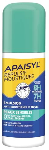 Apaisyl, Répulsif Moustiques, Emulsion Peaux Sensibles, Efficacité 8H sur les moustiques et 12h sur les tiques, Sans parfum, alcool, allergène, dès 6mois, 90ml