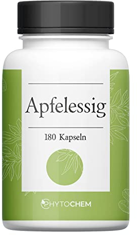 Phytochem Apfelessig 180 Kapseln, hochdosiert mit 500 mg Apfelessig Pulver pro Kapsel, vegan und ohne Zusatzstoffe, laborgeprüft, 3 Monate Vorrat