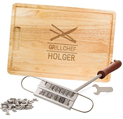 Casa Vivente Grillset, BBQ Brandeisen mit wechselbaren Buchstaben und Schneidebrett, Grillchef, Personalisiert mit Namen, Grillzubehör, Vatertagsgeschenke
