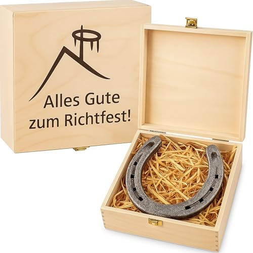 4you DESIGN Echtes Hufeisen in Holz-Geschenkschachtel Richtfest – 2 Hufeisennägel zum befestigen – Geschenk zum Einzug, Hausbau – Glücksbringer – 17x17x6,5 cm