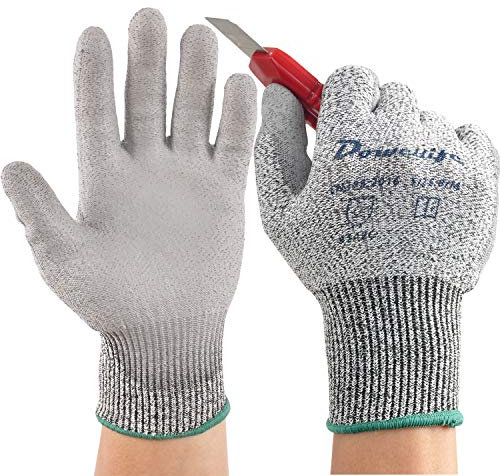 Dowellife Cut Resistant Work Gloves for Men & Women - ANSI A5 & EN388 Level 4, Breathable PU Coated, Grey Non-Marking - for Gardening, Fishing, Automotive, Construction, Wood Carving (Large, Grey)