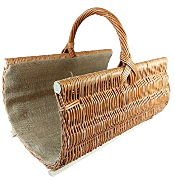 Panier en osier, panier en bois, panier de cheminée en osier naturel, cousu avec du jute (L) 60 x (B) 48 x (H) 35/48 cm
