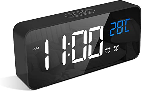 LATEC Digitaler Wecker mit Große LED Temperaturanzeige, Tischuhr mit 10 Musik, USB Ladeanschluss, 4 Helligkeit und Lautstärke Regelbar, Snooze, tragbarer Spiegelalarm mit 2 Alarmen, 12/24HR