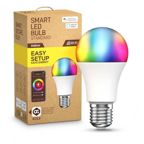 Muvit Bombilla inteligente WiFi, bombilla LED E27 multicolor 2700K-6500K, regulable 8.5 W 806 lm, funciona con Alexa, control por voz, ahorro de energía