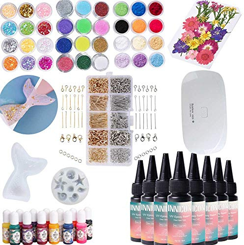 INNICON Set di Strumenti per Gel epossidico in Resina UV, Fiore Secco con pigmenti colorante per Paillettes per Pendenti di Design Fai-da-Te, 240 ml di vulcanizzazione Rapida, con Lampada