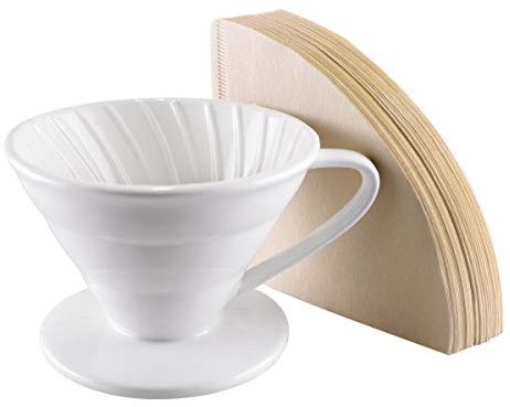 Roponan Coffee Dripper, Ceramic Pour Over Coffee Filter, Porcelain Coffee Cone with 80 Paper Filters for Home, Cafe, Restaurants (White)
