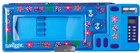 Smiggle Budz Kids Pop Out Schulmäppchen für Mädchen & Jungen mit Taschenrechner und Spitzer, Leopardenmuster, marineblau, Modern
