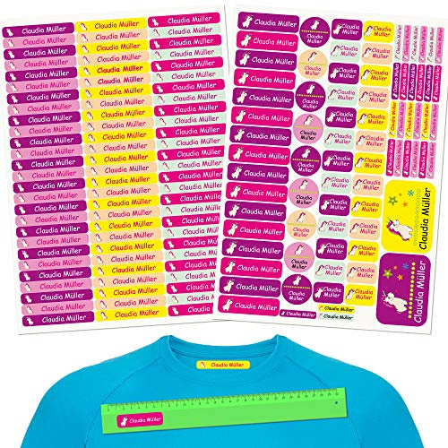 INDIGOS UG® Namensaufkleber Kinder - Set - 160 Stück - Einhorn - zum Bügeln und Gegenstände - 80 Bügeletiketten für Kleidung + 80 Aufkleber - Schule Kita Stifte Tassen Lineale individuell