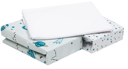 FlyIdeas 3-teiliges Spannbettlaken-Set – 2 Spannbettlaken aus 100% Baumwolle & 1 wasserdichter Matratzenschoner – Atmungsaktiv & Hypoallergen (Cosmos, 90x55 cm)