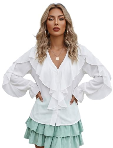 Loalirando Camicia Donna con Manica Lunga Blusa Elegante Scollo a V Sexy Camicetta da Ufficio Casual (Bianco, 3XL)