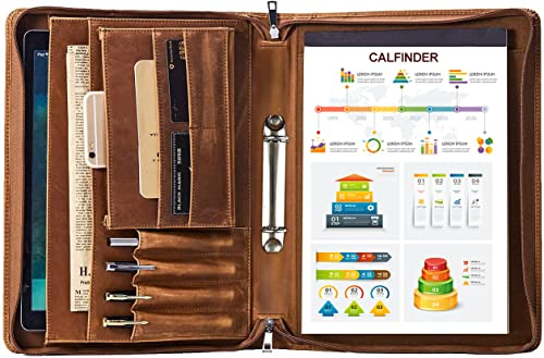 Calfinder Schreibmappe A4 Konferenzmappe a4 Leder Ringbuch Ledermappe A4 Laptoptasche 13 zoll, Rindsleder Lederschreibmappe, Ledermappe, Dokumentenmappe, Aktenmappe,Geschenke für Fauen/Männer, Braun