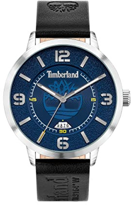 Timberland Greycourt TDWGB2091001-Herren-Armbanduhr mit blauem Zifferblatt und schwarzem Lederarmband, Gehäuse mit 44 mm Durchmesser, in Markenuhrenbox, Blaues Zifferblatt und schwarzes Lederarmband,