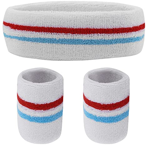 Yolev Gestreiftes Schweißband Set mit 1 Sport Stirnband und 1 Paar Sport-Armbändern für sportliche Männer und Frauen