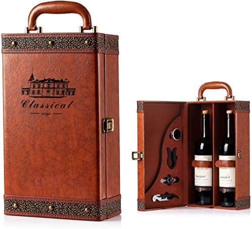 Wine Gift Box with 4 Wine Accessories Set,Portable Two Bottle Wine Carrier Case for Christmas,Wedding, Anniversary, Party,Vintage Leather Wine Storage Box for Home Bar Decor and Wine Collection
