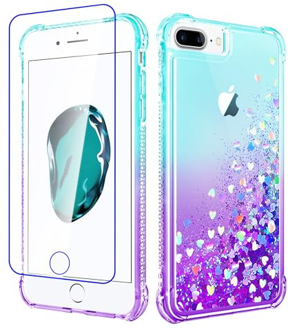 Pilaru Lovely for iPhone 8 Plus/7 Plus/6 Plus/6S Plus Case Clear Liquid Heart Glitter Soft TPU Cover Transparent Girly Protective Phone Case for iPhone 6 Plus,Green-Purple
