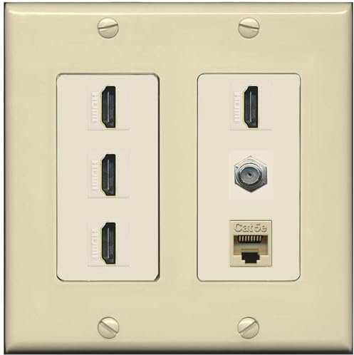 RiteAV Cavo coassiale HDMI a 4 porte 1 - Piastra da parete Ethernet tipo F 1 Cat5E - 2 bande [avorio/mandorla chiara]