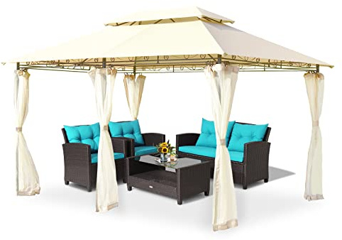 TANGZON 4 x 3M Patio Gazebo, Heavy Duty Steel Frame Garden Pavillion Tent with Netting Sidewalls, Outdoor Double Roof Vented Marquee Gazebo Canopy Event Shelter for Party Camping (Beige)