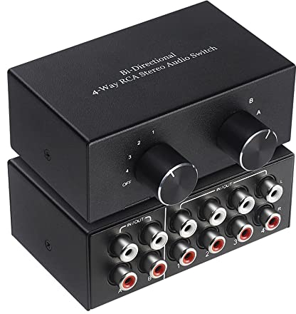 Audio Umschalter, Audio Switch,Audio Umschalter Klinke,R/L Stereo-Umschalter Links/Rechts-Kanal Audio-Umschalter 4 in 2 Out/2 in 4 Out bi-direktionaler RCA-Verstärker für Phono-Kopfhörer Lautsprecher