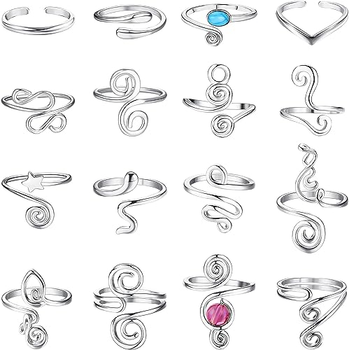 Diamday 16PCS Verstellbare Zehenringe für Damen Offen Zehenring Set Fingerring Toe Ring Niedlich Einfach Zehenringe Hypoallergen Schwanzband Ringe Strand Sommer Fußschmuck Geschenke Silber Gold