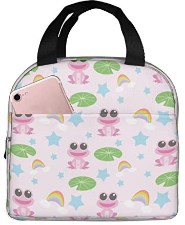 XVBCDFG Bolsas de almuerzo con estampado de rana rosa sonriente para hombres y mujeres, fiambreras reutilizables aisladas, pequeñas bolsas de almuerzo Bento,