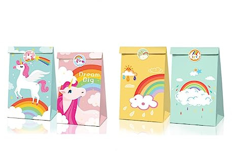 12 Stück Einhorn Geschenktüten, Geschenktüten Kindergeburtstag, Partytüten Papier Candy Tüten, Mitgebsel Tüten mit 18 Stück Niedlichen Aufklebern
