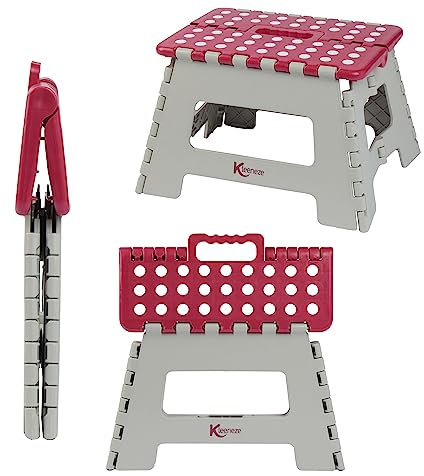 Kleeneze KL031879FEU6 - Piccolo sgabello pieghevole, luoghi difficili da raggiungere, carico massimo 150 kg, si ripone facilmente, salvaspazio, maniglia per il trasporto, resistente, rosa e grigio