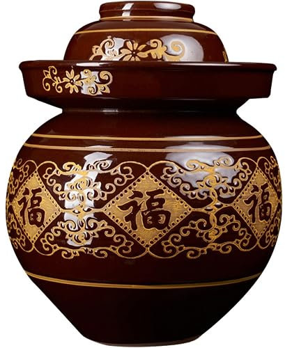 Fermentation Crock Fermenting Jars Water Seal Chinese Classical Fu Character Decoration Pickle Jar, 4 Kinds Of Capacity Kaolin Clay Kimchi Jar, Kitchen Table Top Grain Storage Bucket (Color : Brown