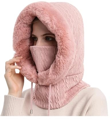 YJKJHAIG Winter Frauen 3in1 Gestrickte Skimütze Mit Schal Halswärmer Fleece Gefütterte Kapuze Gesichtsmaske Erwachsene Balaclava (Color : 2, Size : One Size)