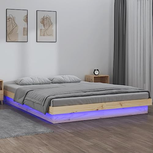 Festnight Bett 140x200 cm mit LED Beleuchtung Holzbett Natur Massivholzbett Bettrahmen Holz Jugendbett Bettgestell mit Lattenrost Einzelbett Doppelbett