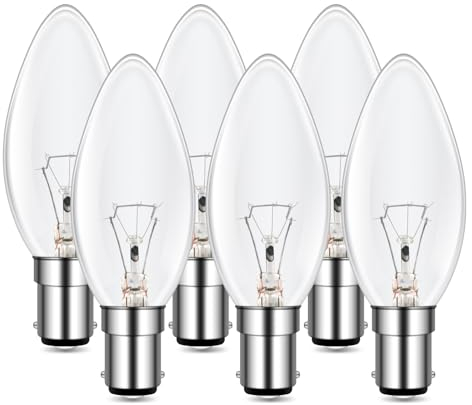 SBC B15 Small Bayonet Clear Candle Bulb, Warm White 2700K, 600lm, Dimmable for Chandeliers, Desk Lamp, Ceiling Fixture - AC 230V, 6 Pack