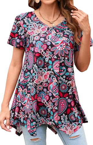 Enmain Maglietta Donna Tunica Manica Corta Estiva Camicetta Scollo V Top Camicie Longline Donna Tunica con Stampata Floreale per Vacanze Primavera Estate,Rosa,XXL