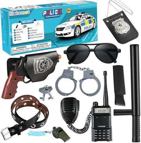 Metemot 10Pcs Police Toys - Cop & Officer Costume Accessories for Kids, with Badge, Handcuffs, Halloween Police Costumes & Gear for Boys Girls, Bithday Gift for Kids