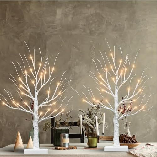 Lot de 2 branches de bouleau lumineuses 24 lumières LED blanches chaudes pour intérieur et extérieur Maison Festivals Mariage (60 cm)
