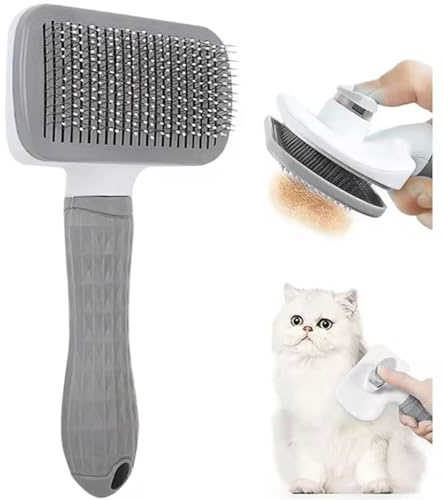 Self-Cleaning Dog and Cat Slicker Brush - Pet Grooming Comb With One Touch Clean Button - Great for Massage and Shedding (Grey)