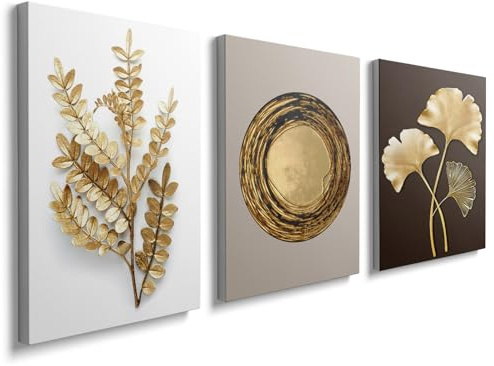 prinfantasy 3 Pcs Wooden Framed Canvas Wall Art Caramel Gold Leaves Canvas Prints Painting Picture for Living Room Bedroom Hallway Stairs Wall Decor 90x40cm (12x16x3pcs), YH1401