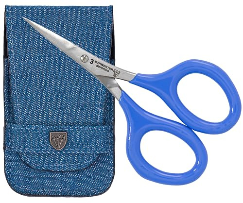 DREI SCHWERTER - Stickschere, Bastelschere, Nähschere. Fadenschere für Basteln, Handarbeit und Haushalt, extra spitz und scharf - mit gummierten Griffen für sicheren Halt, im Etui blau/jeansblau