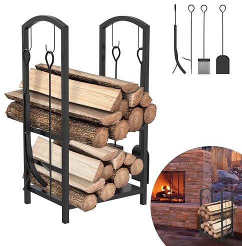 YRHome Étagère à bois de cheminée intérieure à 2 niveaux avec 4 outils de cheminée 74,5 x 40 x 38 cm - Serviteur de cheminée - Support pour bois de cheminée - Étagère en bois pour cheminée - Couverts