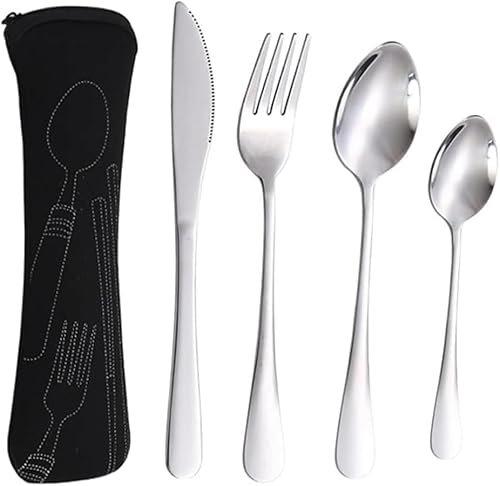 Cutlery Set with Portable Pouch Case - 5pcs Reusable Flatware Sets Knife, Fork, Spoon, Chopsticks for Outdoor Travel Picnic Office School Lunch Box