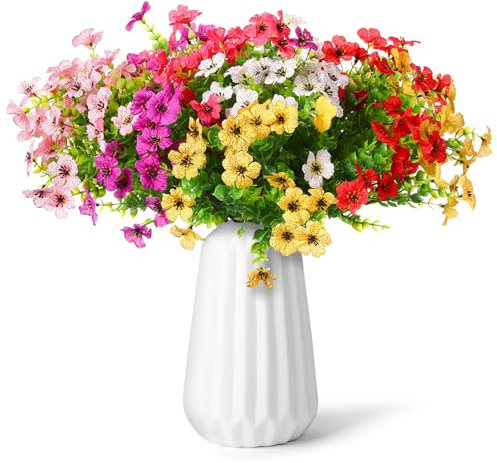 HBell 12 Bundles Outdoor Artificial Flowers UV Resistant Fake Boxwood Plants,Faux Plastic Greenery for Indoor Outside Hanging Plants Garden Porch Window Box Home Wedding Decor (Multi)