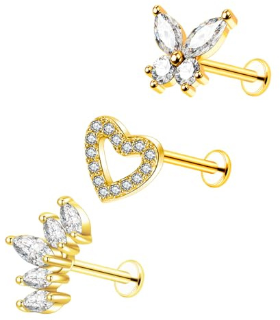 Besyvvin 3er Helix Lippenpiercing Stecker 6mm 8mm 10mm Chirurgenstahl Silber Gold Piercing Tragus Cartilage Knorpel Stecker Schmetterling Blume