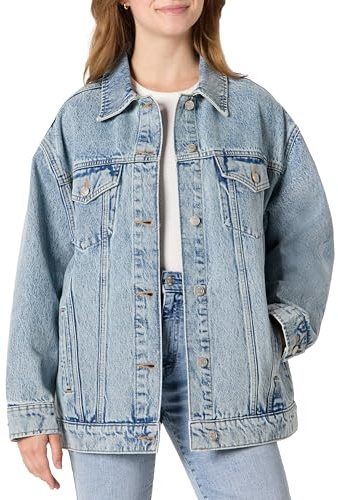 Amazon Essentials Giubbotto Stile Trucker in Denim con Tasche Donna, Lavaggio Chiaro Con Ghiaccio, M