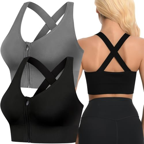 FVXYnnv Lot de 2 Brassière Sport Femme, Zippé Fermeture Devant, Dos Croisé