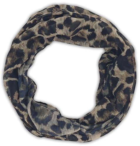 styleBREAKER Damen Loop Schlauchschal mit Leoparden Muster | Leichter Sommerschal aus Viskose | Halstuch für Frühling und Sommer - Weich und Luftig, Farbe:Braun-Schwarz