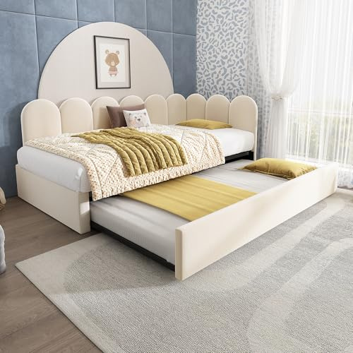 NNJN Polsterbett Daybett 90x200cm,Tagesbett Schlafsofa mit Ausziehbett 90x190cm, Kinderbett mit Lattenrost, Samt（ohne Matratze ） (Beige)